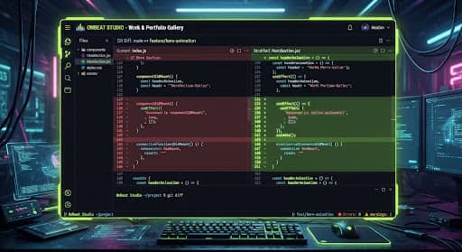 Placeholder still: code editor showing a diff with neon highlight lines
