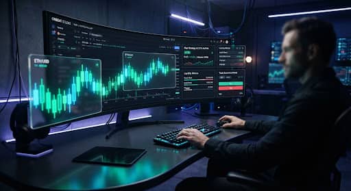 Placeholder still: trading terminal with glowing candlestick graphs on glass cards