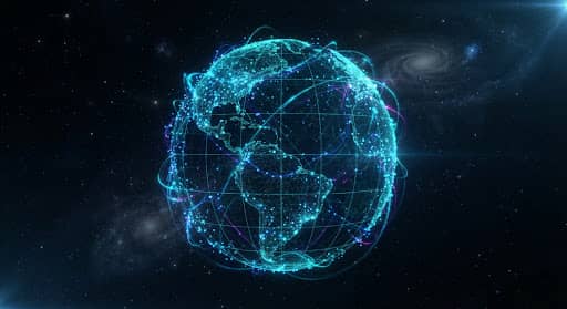 Placeholder still: wireframe telemetry globe with pulsating data nodes