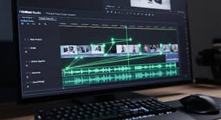 Placeholder still: 4K video editing timeline with green keyframes